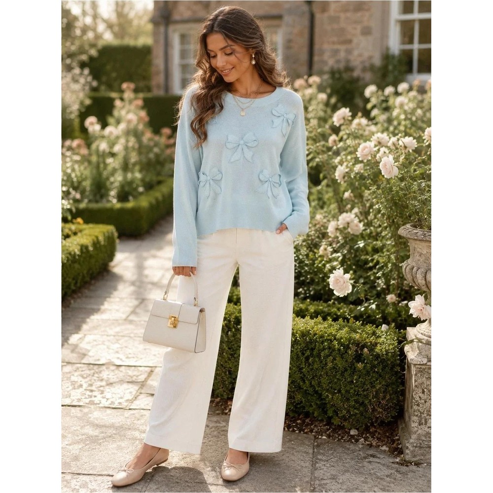 Bridgerton Lace Bow Applique Sweater Womens XL Light Blue Knit Pullover BRIR001A
